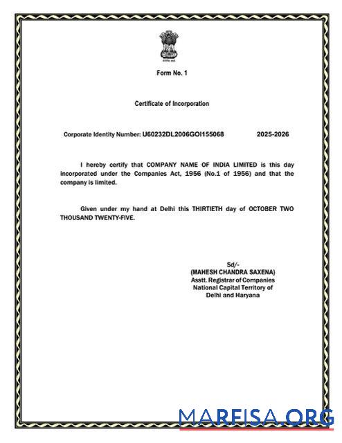 Printable India certificate of incorporation Word and PDF template, version 5
